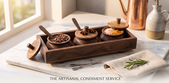 Handcrafted Sheesham Wood Condiment Set with Tray & Lidded Bowls