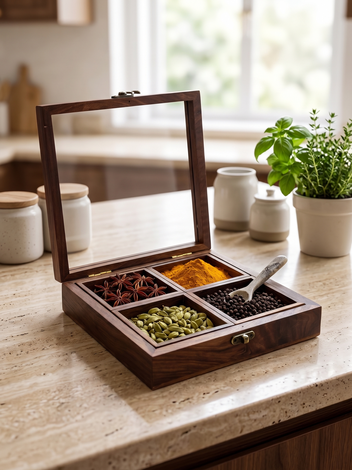 Handcrafted Sheesham Wood Storage Box with Glass Lid – 4-Compartment Organizer