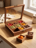 Handcrafted Sheesham Wood 9-Compartment Storage Box with Glass Lid & Removable Bowls