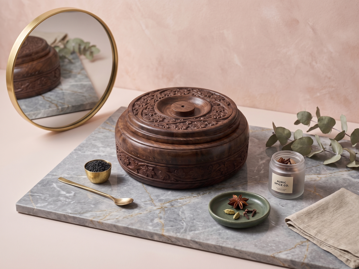 Hand-Carved Sheesham Wood 4-Compartment Round Storage Box with Floral Carving