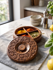 Hand-Carved Sheesham Wood 4-Compartment Round Storage Box with Floral Carving