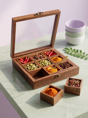 Handcrafted Sheesham Wood 9-Compartment Storage Box with Glass Lid & Removable Bowls