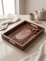 Hand-Carved Sheesham Wood Serving Tray with Brass Inlay – Floral Hosting Tray