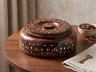 Handcrafted Sheesham Wood 4-Compartment Round Storage Box – Multi-Purpose Organizer