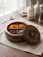 Handcrafted Sheesham Wood 4-Compartment Round Storage Box – Multi-Purpose Organizer