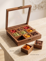 Handcrafted Sheesham Wood 9-Compartment Storage Box with Glass Lid & Removable Bowls