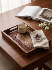 Hand-Carved Sheesham Wood Serving Tray with Brass Inlay – Floral Hosting Tray