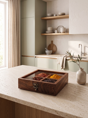 Handcrafted Sheesham Wood Storage Box with Glass Lid – 4-Compartment Organizer