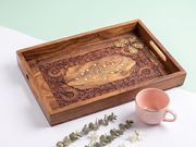 Hand-Carved Sheesham Wood Serving Tray with Brass Inlay – Floral Hosting Tray