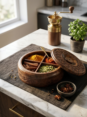 Hand-Carved Sheesham Wood 4-Compartment Round Storage Box with Floral Carving