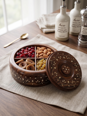 Handcrafted Sheesham Wood 4-Compartment Round Storage Box – Multi-Purpose Organizer