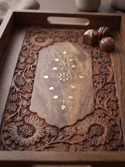Hand-Carved Sheesham Wood Serving Tray with Brass Inlay – Floral Hosting Tray