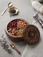 Handcrafted Sheesham Wood 4-Compartment Round Storage Box – Multi-Purpose Organizer