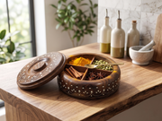 Handcrafted Sheesham Wood 4-Compartment Round Storage Box – Multi-Purpose Organizer