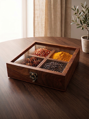Handcrafted Sheesham Wood Storage Box with Glass Lid – 4-Compartment Organizer