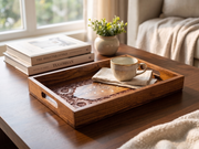 Hand-Carved Sheesham Wood Serving Tray with Brass Inlay – Floral Hosting Tray