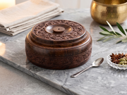Hand-Carved Sheesham Wood 4-Compartment Round Storage Box with Floral Carving
