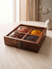 Handcrafted Sheesham Wood Storage Box with Glass Lid – 4-Compartment Organizer