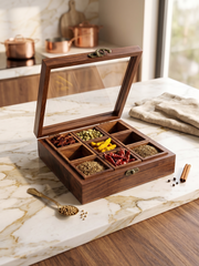 Handcrafted Sheesham Wood 9-Compartment Storage Box with Glass Lid & Removable Bowls