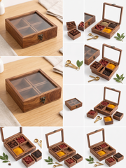 Handcrafted Sheesham Wood Storage Box with Glass Lid – 4-Compartment Organizer