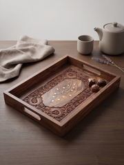 Hand-Carved Sheesham Wood Serving Tray with Brass Inlay – Floral Hosting Tray