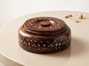 Handcrafted Sheesham Wood 4-Compartment Round Storage Box – Multi-Purpose Organizer