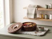 Hand-Carved Sheesham Wood 4-Compartment Round Storage Box with Floral Carving