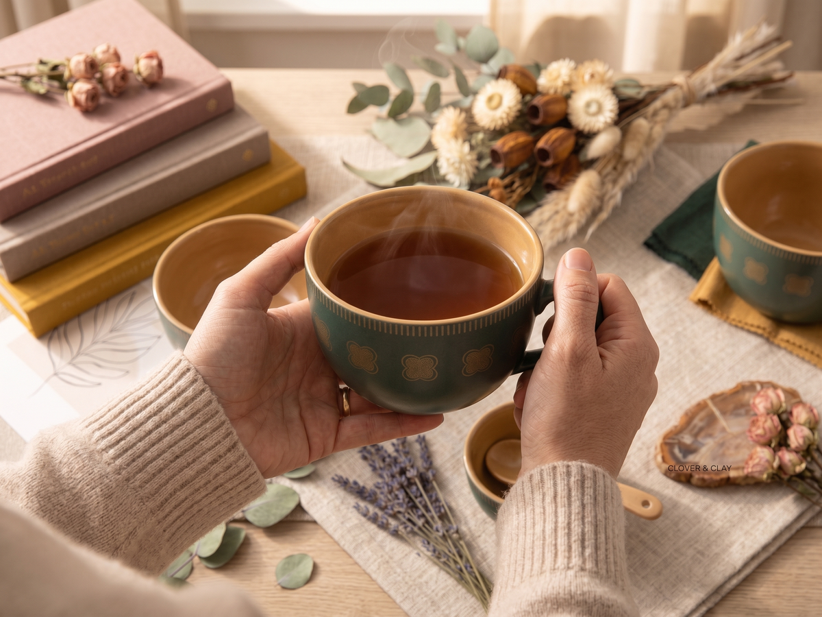 Jade Green & Ochre Geometric Ceramic Barista Cup